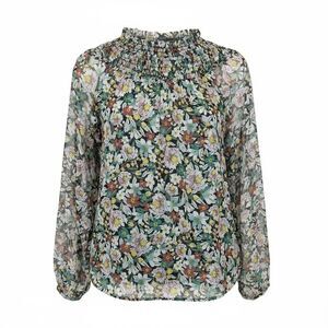 LOFT Floral Smocked Yoke Blouse Romantic Boho Peasant Fall Floral Ruffle Airy S